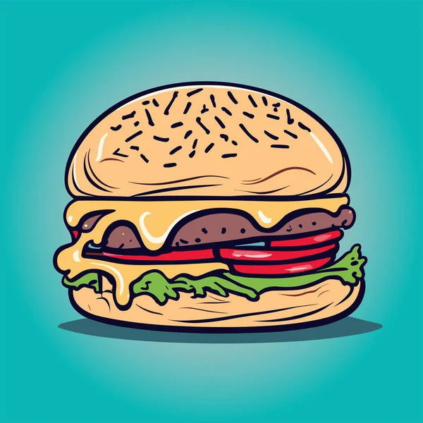 Zbliżenie Soczystego Hamburgera Topionym Serem Kapiącym Bokach Plakat Ilustracja — Wektor stockowy