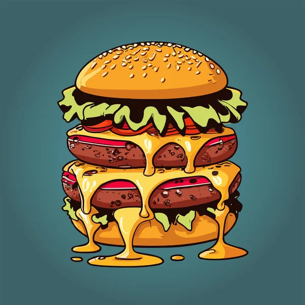 Detailní Záběr Šťavnatého Burgeru Roztaveným Sýrem Kapajícím Stranách Plakát Ilustrace — Stockový vektor