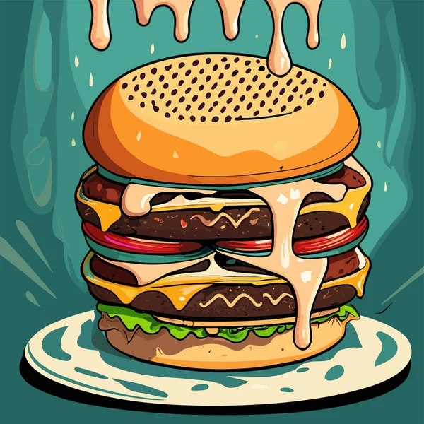 Zbliżenie Soczystego Hamburgera Topionym Serem Kapiącym Bokach Plakat Ilustracja — Wektor stockowy