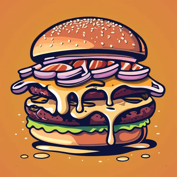 Close Juicy Burger Melted Cheese Dripping Sides Poster Illustration — Stock Vector