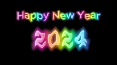 Yeni yıl 2024 Gökkuşağı renkli siyah ekran arka planında ışıklar