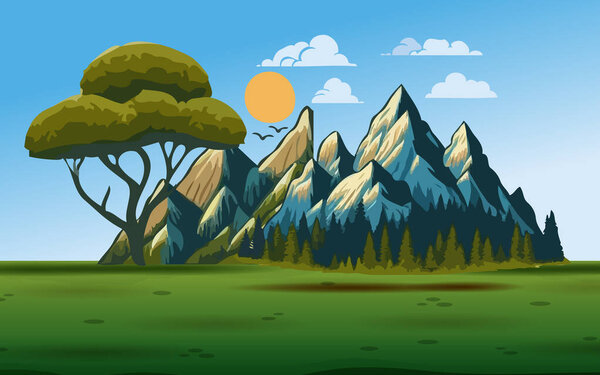 vector landscape of mountain with trees, mountains, hills and clouds