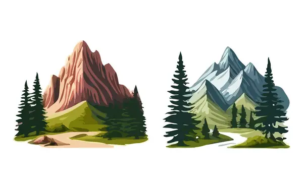 Set Different Mountains Trees Cartoon Vector Mountain Landscape Forest Trees — Stock Vector