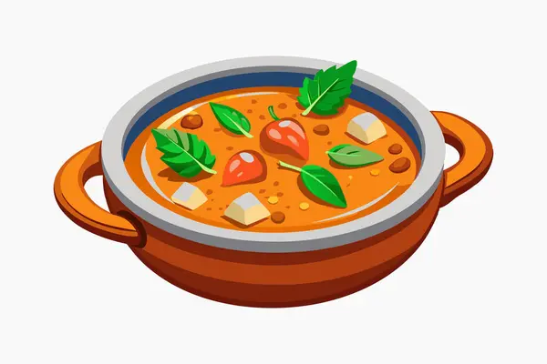 stock vector vector cartoon illustration of soup with red pepper and herbs isolated on white background