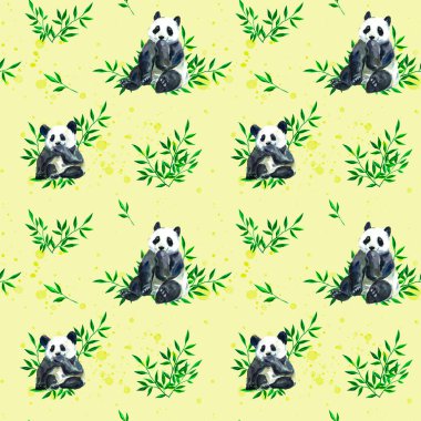 Sarı arka planda akquerelle panda izi var. Tekstil baskısı. Panda. Bambu ayı. Asya. Japonya. Çin. Güzel suluboya baskı. Sarı arka plan. Bambu..
