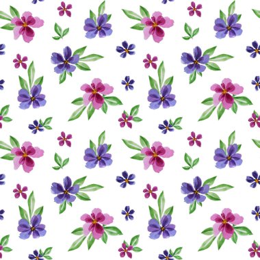 Çiçeksiz suluboya desen. Bahar. Çiçek. Beyaz arka plan. Pembe ve mor çiçekler. Doku. Çiçek izi. Ev yapımı tekstil. Elbise baskısı. Küçük çiçek.