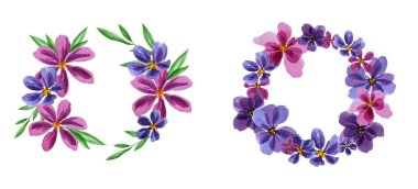 Bir sürü suluboya çiçek. Klip sanatı. Dekor için elementler. Albüm koleksiyonu. Düğün için. Tatillerde. Davetiyeler. Pembe suluboya çiçekler. - Violet. Yeşil suluboya yapraklar. Doku.