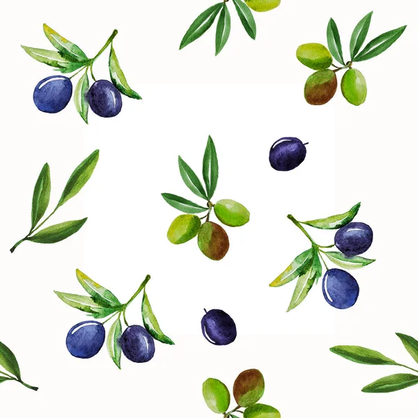 Olive branch painted in watercolor. Seamless olive pattern. Branches set. Plants. Greece. Italy. Olive oil. Pattern from olive branches. Black and green olives.