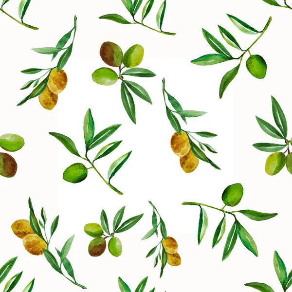 Olive branch painted in watercolor. Seamless olive pattern. Branches set. Plants. Greece. Italy. Olive oil. Pattern from olive branches. Black and green olives.