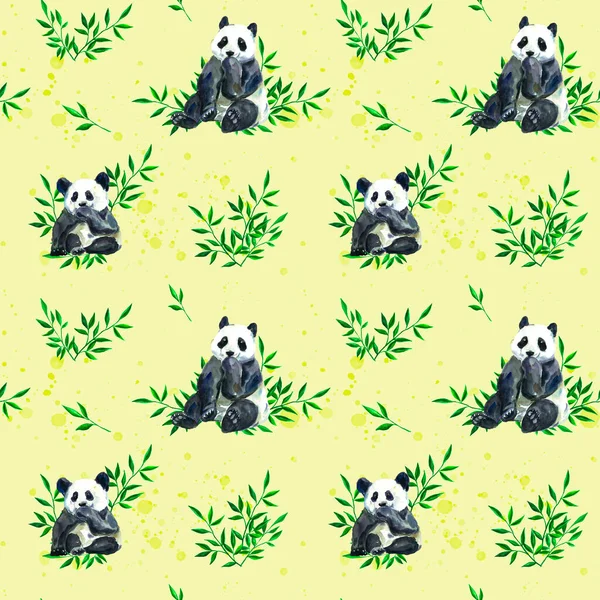 Drawn aquerelle panda print on a yellow background. Textile print. Panda. Bamboo bear. Asia. Japan. China. Lovely watercolor print. Yellow background. Bamboo.
