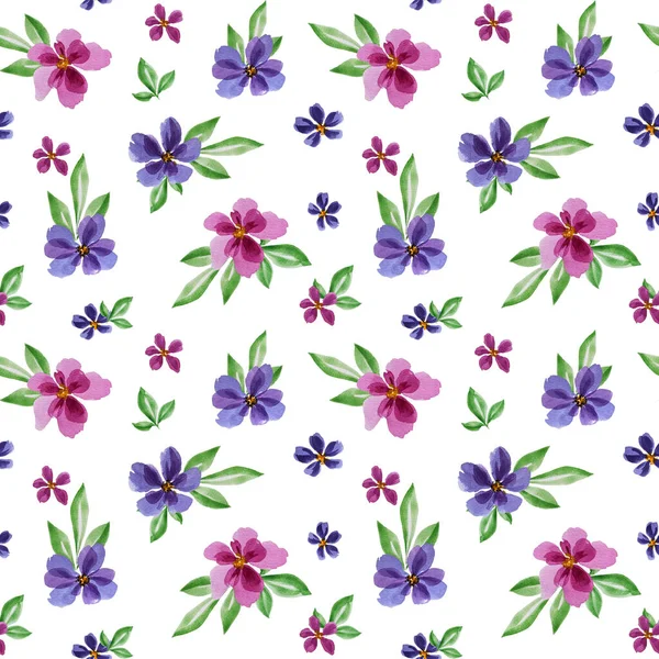Watercolor Floral Seamless Pattern Spring Bloom White Background Pink Purple — Stock Photo, Image