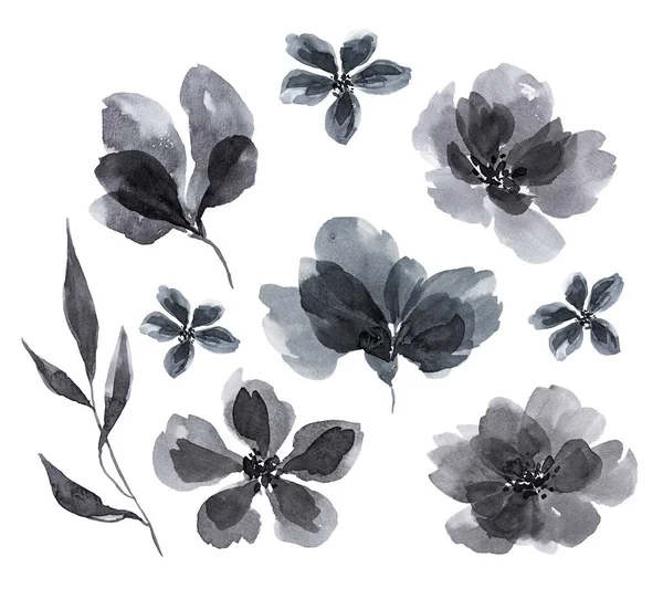 Set Von Aquarellelementen Für Die Dekoration Schwarze Luftige Aquarellblumen Textur — Stockfoto