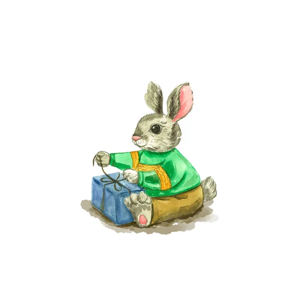 Drawn Watercolor Bunny Clothes Festive Rabbit Gift Rabbit Unpacks Gift — Stock Photo, Image