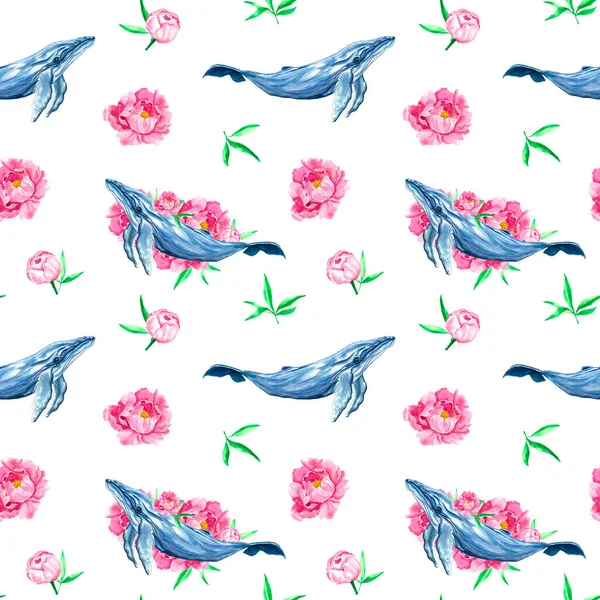 Drawn watercolor whale and pink peonies. Whales seamless pattern. Art. Ocean. Undersea world. Blue whale. Fabric print. Wildlife. Watercolor pink peony. Sea.