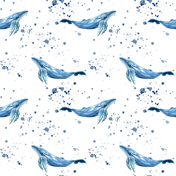 Painted watercolor whale. Blue whale seamless pattern. Sea. Ocean. Undersea world. Watercolor splashes. Fabric print. Home textiles.