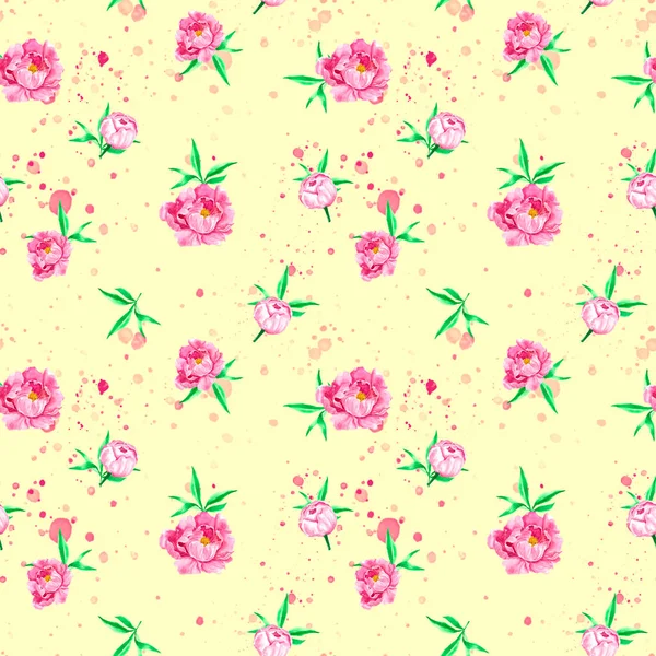 Peonies watercolor seamless pattern. Pink watercolor peony. Delicate yellow floral background. Fabric print for clothes. Home textiles.