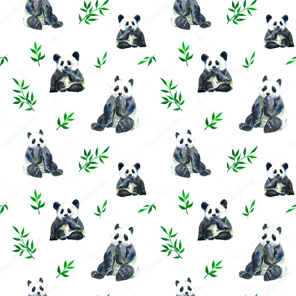 Hand drawn watercolor panda. Panda seamless watercolor pattern. Illustration. Bamboo. Asia. China. Japan. Bamboo bear. Lovely fabric print. Zoo.