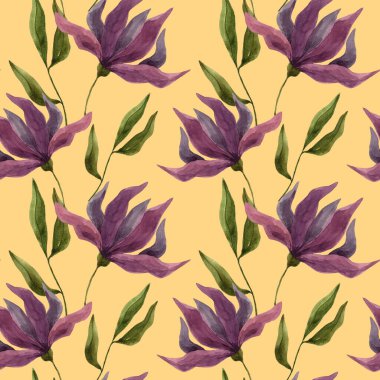 Hand drawn watercolor pattern of purple flowers. Fantasy watercolor flowers. Seamless fabric print. Africa. Magnolia. Home textiles. Textile. Texture.