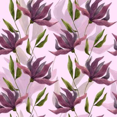 Hand drawn watercolor pattern of purple flowers. Fantasy watercolor flowers. Seamless fabric print. Africa. Magnolia. Home textiles. Textile. Texture.