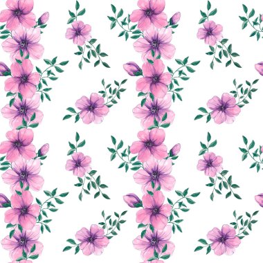 Hand drawn watercolor seamless floral pattern. Watercolor. Pink flowers. Green leaves. Floral background. Spring. Home textiles. Texture. Abstraction. Bloom. Summer.