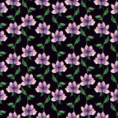 Elle çizilmiş suluboya çiçeksiz desen. Turuncu çiçekli mor. Yeşil yapraklar. Kumaş deseni. Bahar. Yaz. Ev yapımı tekstil. Yatak çarşafları.