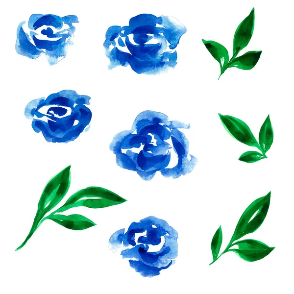 Malowane Akwarelowe Niebieskie Tło Wzór Niebieskich Abstrakcyjnych Róż Materiał Kwiaty — Zdjęcie stockowe