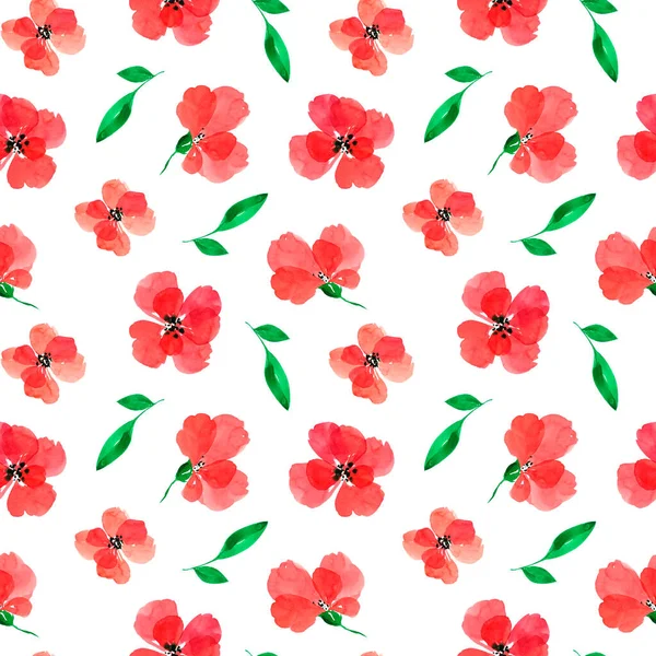 Drawn watercolor red flowers on a white background. Red flowers watercolor seamless pattern. Spring. Summer. Home textiles. Fabric print. Floral background.