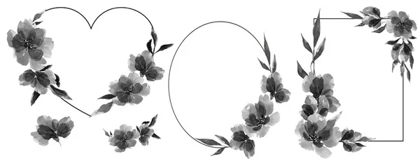 花柄のセット 水彩画だ 楕円形 広場だ 心臓だ 灰色の花 ミニマリズム テクスチャ 水彩画の花 結婚式 — ストック写真