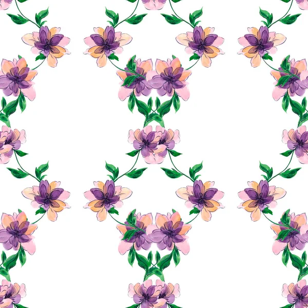 Hand Drawn Watercolor Floral Seamless Pattern Purple Orange Flowers Green — Stock Photo, Image