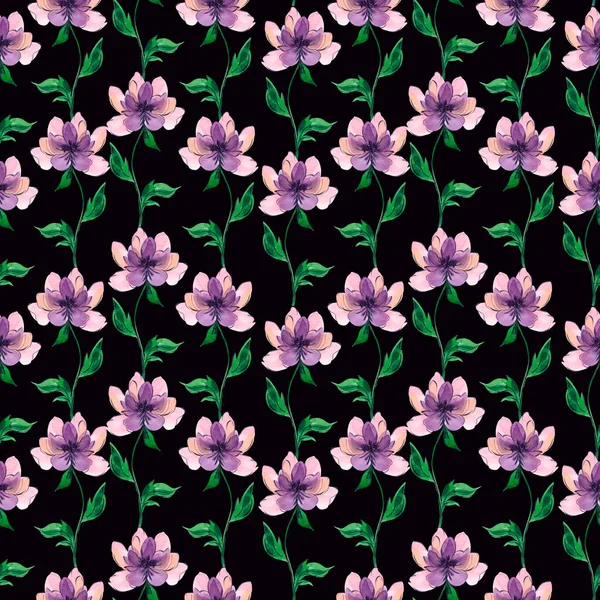 Hand drawn watercolor floral seamless pattern. Purple with orange flowers. Green leaves. Fabric pattern. Spring. Summer. Home textiles. Bed sheets.