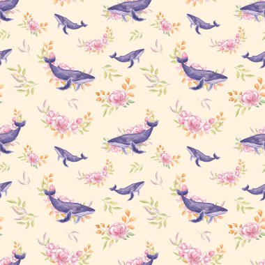 El çizimi suluboya balina deseni. Aquerl balinası ve şakayıklar. Balina kumaşı izi. Deniz altı dünyası. Sanatsal Okyanus. Deniz yaratıkları. Okyanus. Deniz. Ev tekstili.