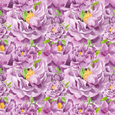 Mor şakayıklı kusursuz suluboya deseni. Ev yapımı tekstil. Bahar. İç mekan. Kumaş kalıbı. Çiçek arkaplan. Suluboya pembe şakayıklar. Yaz. Hediye kağıdı. Aşk..