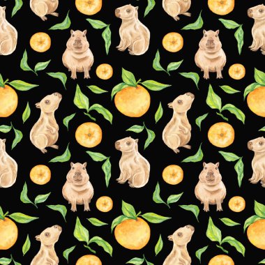 Capybara, suluboya desenleri çiziyordu. Suluboya kapibaralar. Doğa. Portakallar. Capybara baskısı. Şirin, dost canlısı hayvanlar. Ev yapımı tekstil. Geçmişi. Turunçgil meyvesi. Bahar. Yaz. Japonya. Çin. Capybar