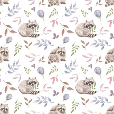 El çizimi suluboya desenli rakun ve kirpi desenli. Çiçekli hayvan deseni. Kumaş için baskı. Ev yapımı tekstil. Çocuk teması. Şirin kawaii rakunu. Tatlı suluboya kirpi. Japonya, Çin.