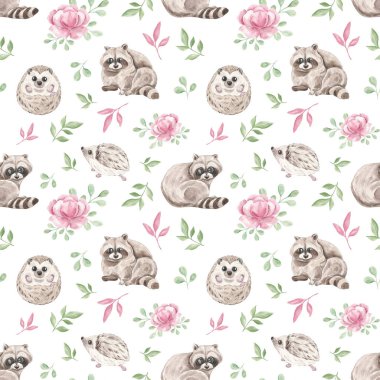 El çizimi suluboya desenli rakun ve kirpi desenli. Çiçekli hayvan deseni. Kumaş için baskı. Ev yapımı tekstil. Çocuk teması. Şirin kawaii rakunu. Tatlı suluboya kirpi. Japonya, Çin.