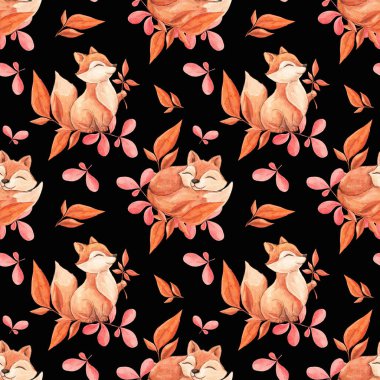 Boyalı suluboya tilkiler. Tilki yavrularının kusursuz suluboya desenleri. Doku. Çocuk kalıbı. Tekstil baskısı. Temizlik kitabı. Orman motifleri. Sonbahar. Kasım, Ekim. Çocuk Tekstili.