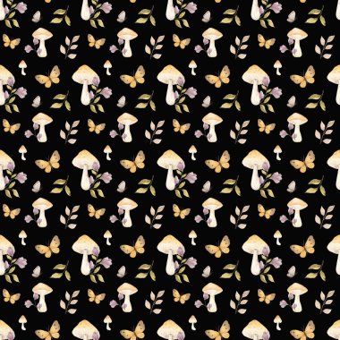 Orman, mantar, kelebekler. Sonbahar pürüzsüz desen. Dekorasyon. Kumaş için baskı. Sonbahar ormanı. Masa örtüsü. İç mekan. Temizlik Defteri.
