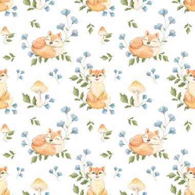 Painted watercolor foxes. Seamless watercolor pattern of fox cubs. Texture. Children's pattern. Textile print. Scrubbooking. Forest motifs. Autumn. November, October. Children's textiles. clipart