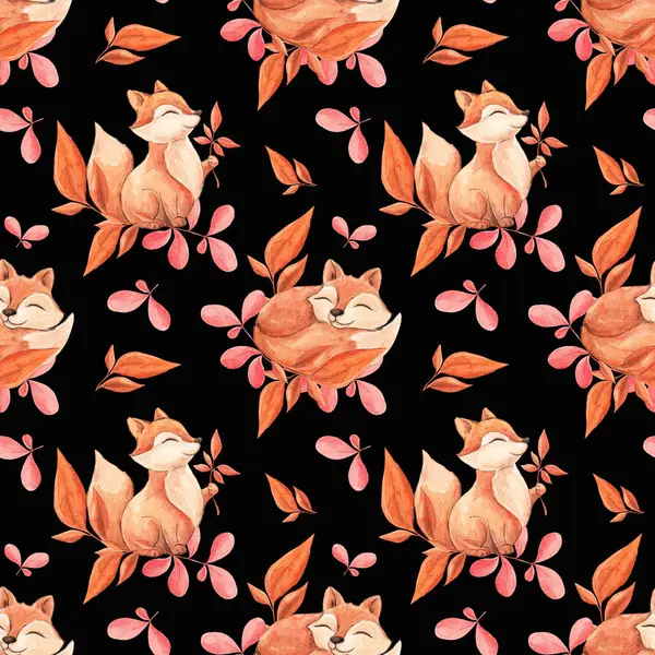 stock image Painted watercolor foxes. Seamless watercolor pattern of fox cubs. Texture. Children's pattern. Textile print. Scrubbooking. Forest motifs. Autumn. November, October. Children's textiles.