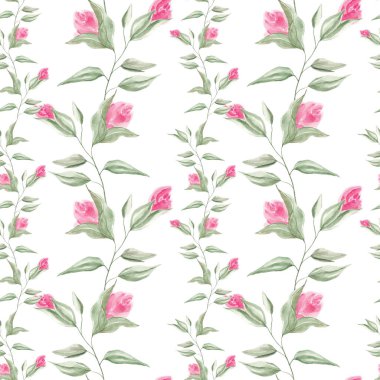 Pembe güller, yapraklar. Bahçe bitkileri Suluboya güller. Kusursuz çiçek deseni. Güller, suluboya, doku. Ev yapımı tekstil. Masa örtüsü. İç mekan, duvar kağıdı. Suluboya güller. Pembe. Bahar, yaz. Çiçek.