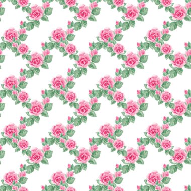 Pink roses, leaves. Garden plants. Watercolor roses. Seamless floral pattern. Roses, watercolor, texture. Home textiles. Tablecloth. Interior, wallpaper. Watercolor roses. Pink. Spring, summer. Flower clipart