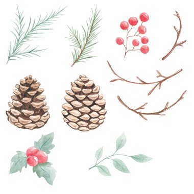 Kış baskısı Kusursuz desen. Noel, kış motifleri. Kırmızı böğürtlen, ökseotu. Bir tutam ökseotu. Çam dalı. Koniler, orman motifleri. Ev yapımı tekstil, masa örtüsü. Noel zamanı. Noel deseni.