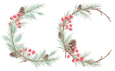 Winter wreath of plants. Red berries, mistletoe. Forest motifs. Christmas. Christmas wreath. Winter holidays, traditions. Christmas tree branch. New year. Plant wreath. clipart