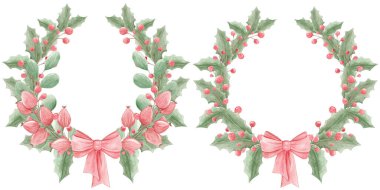 Bitkilerin kış çelengi. Kırmızı böğürtlen, ökseotu. Orman motifleri. Noel zamanı. Noel çelengi. Kış tatilleri, gelenekler. Noel ağacı dalı. Yeni yıl. Bitki çelengi.