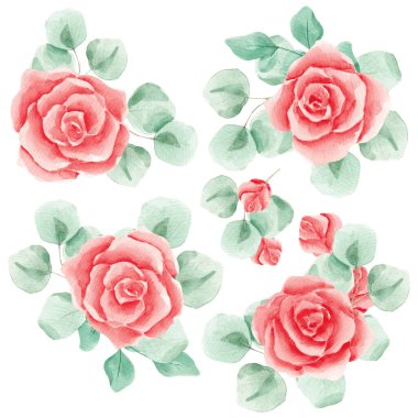 Kırmızı güller. Suluboya güller. Doku. Albüm koleksiyonu. Tasarım. Dekorasyon için hazır. Çiçek aranjmanı. Klip sanatı. Suluboya çiçekler. Sevgililer Günü. 14 Şubat. Güllerin kalbi. Kenarlık.