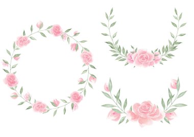 Gül çelenkleri, suluboya güller. Doku. Çiçek aranjmanı. Çiçekler. Kartpostallar için dekor. Klip sanatı. Düğün, tatil davetiyesi. Bayram etkinliği. Dekorasyon, hatıra defteri.