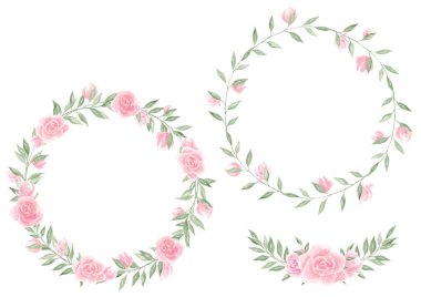 Gül çelenkleri, suluboya güller. Doku. Çiçek aranjmanı. Çiçekler. Kartpostallar için dekor. Klip sanatı. Düğün, tatil davetiyesi. Bayram etkinliği. Dekorasyon, hatıra defteri.