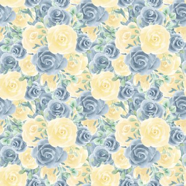 Sarı güller, yapraklar. Bahçe bitkileri Suluboya güller. Kusursuz çiçek deseni. Güller, suluboya, doku. Ev yapımı tekstil. Masa örtüsü. İç mekan, duvar kağıdı. Suluboya güller. - Evet. Bahar, yaz. Çiçek.
