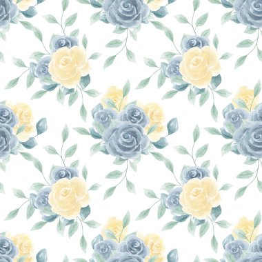 Sarı güller, yapraklar. Bahçe bitkileri Suluboya güller. Kusursuz çiçek deseni. Güller, suluboya, doku. Ev yapımı tekstil. Masa örtüsü. İç mekan, duvar kağıdı. Suluboya güller. - Evet. Bahar, yaz. Çiçek.