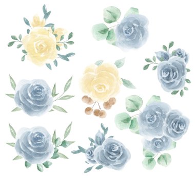 Rose wreaths, watercolor roses. Texture. Floral arrangements. Flowers. Decor for postcards. Clip art. Wedding, holiday invitation. Festive event. Decoration, scrapbooking. clipart